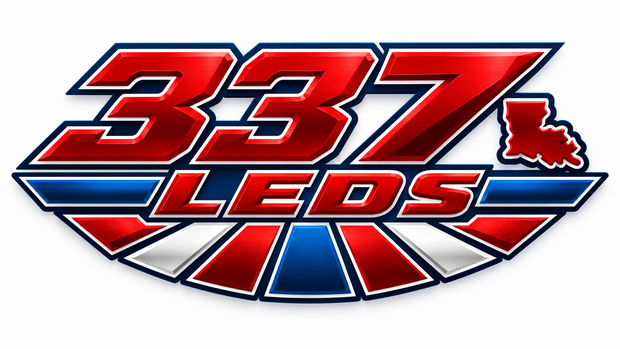 337 LEDs logo with Louisiana outline in red, blue, and silver