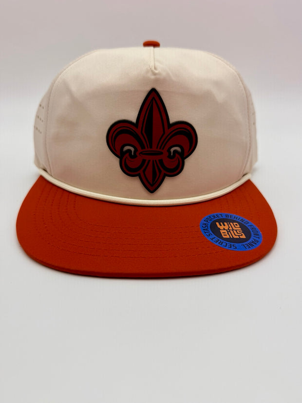 Cream and orange hat with red and black fleur-de-lis patch