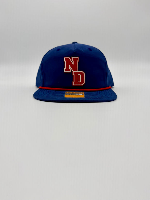 Blue hat with red and white ND lettering