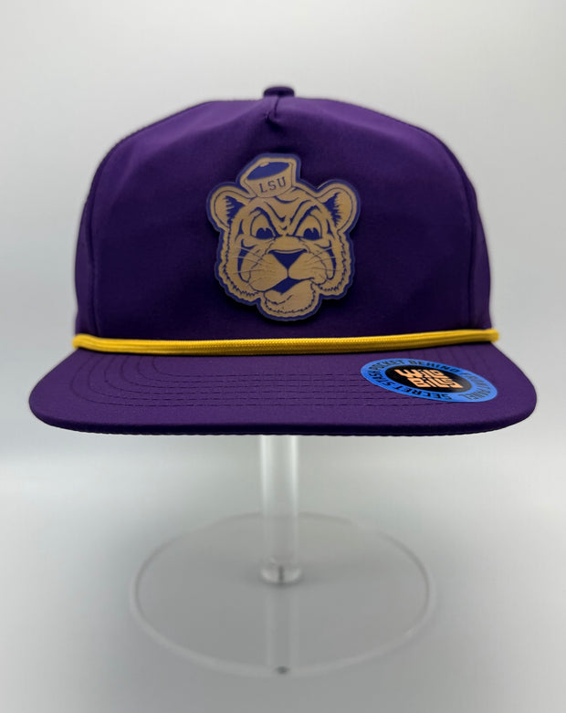 Purple hat with tiger patch and gold rope