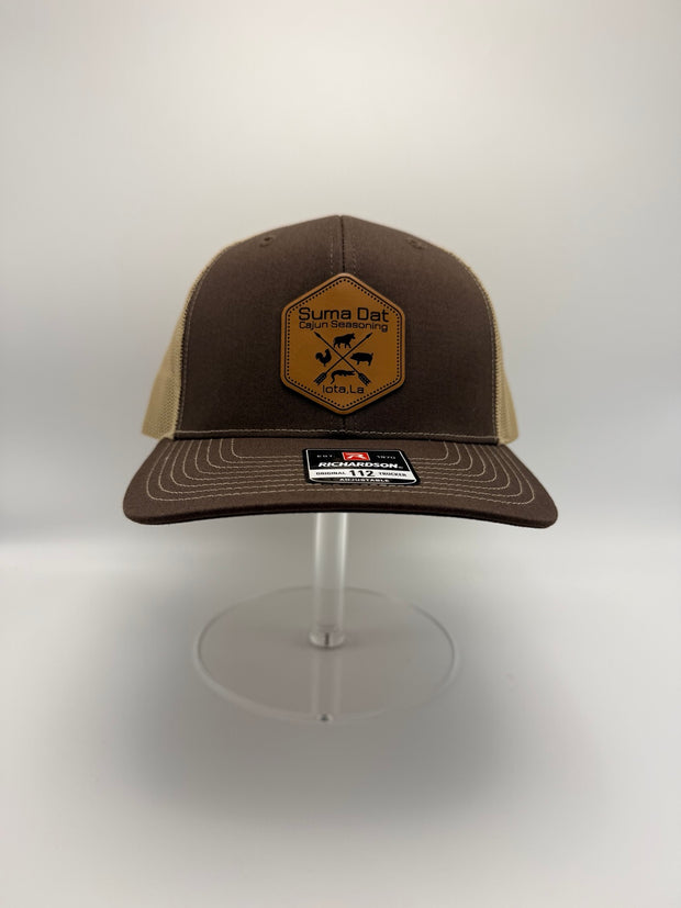 Brown and tan custom hat with Suma Dat seasoning patch