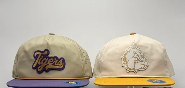 Cream Tigers and bulldog custom hats with purple and yellow brims